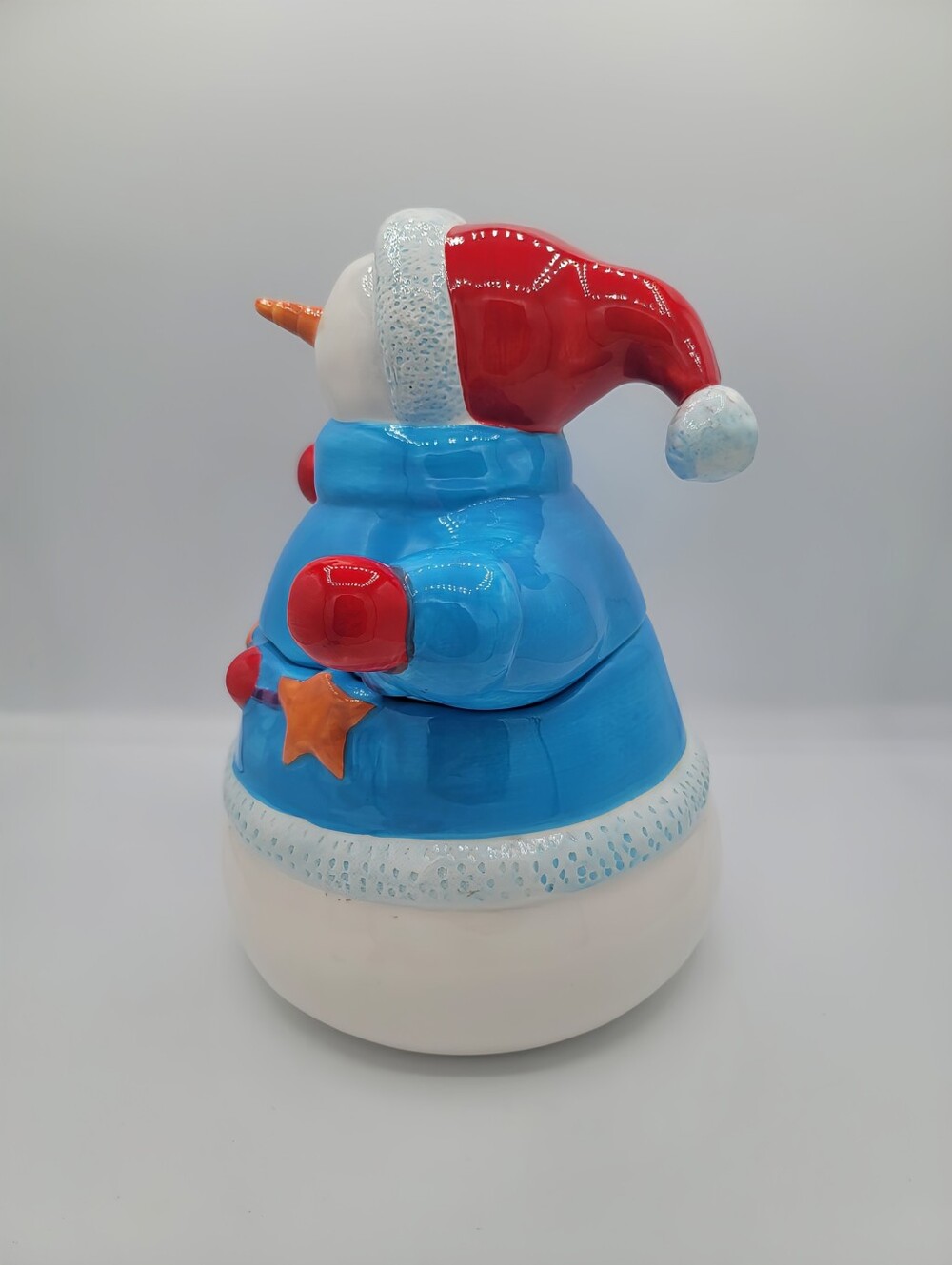 Blue Snowman Cookie Jar Ceramic Christmas Canister Homespun Holiday Winter Decor - Picture 4 of 15